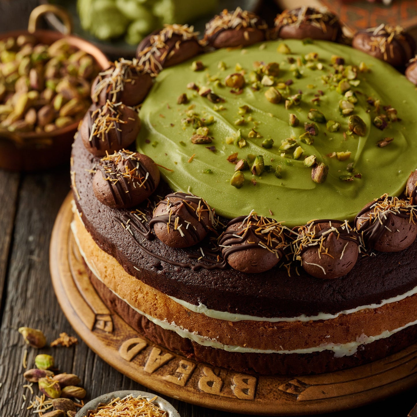 CHOCOLATE AND PISTACHIO CAKE WITH KUNAFA