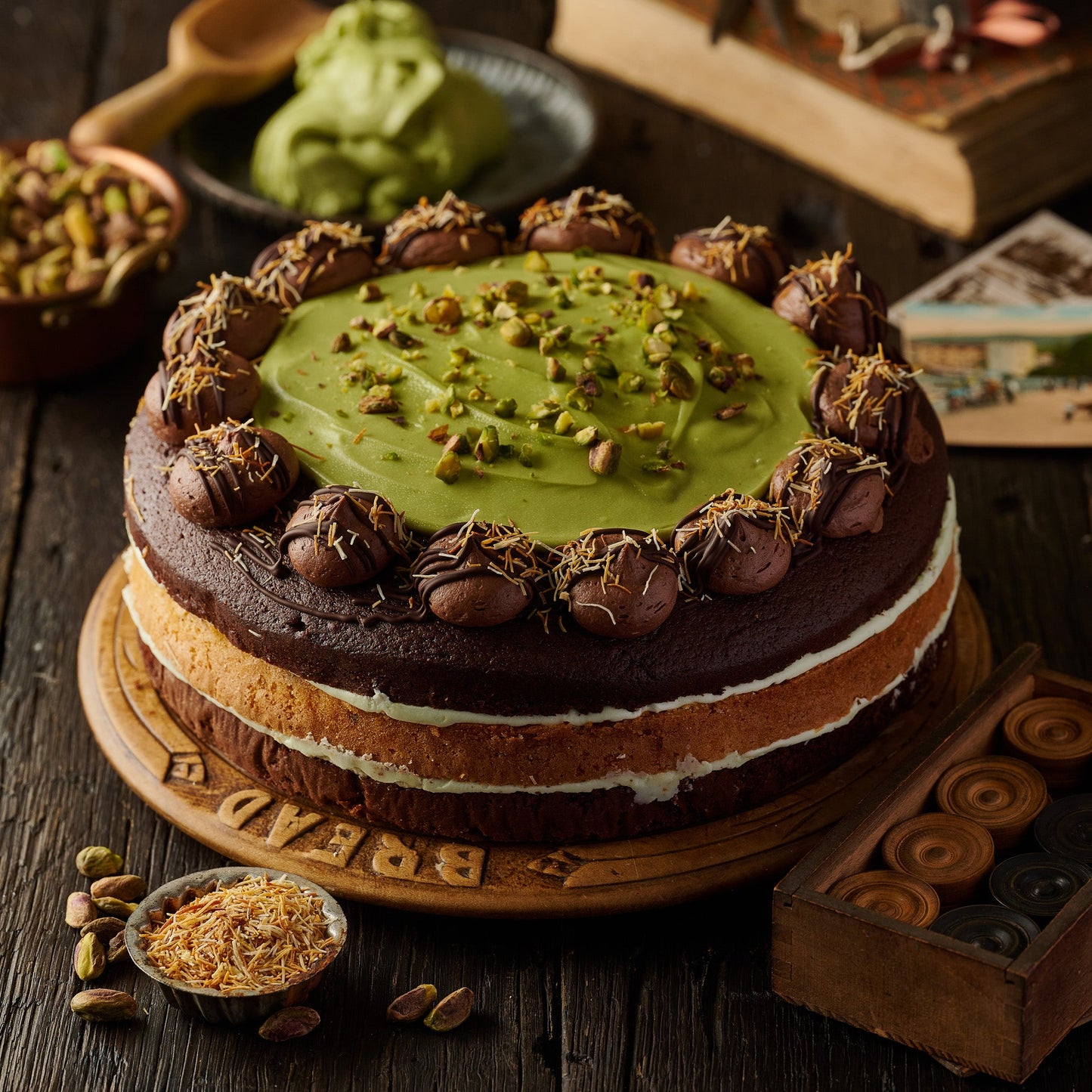 CHOCOLATE PISTACHIO CAKE WITH KUNAFA