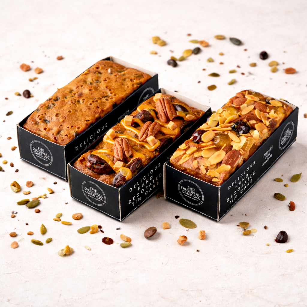 trio of fruit cakes including genoa, fruit & nut and caramel date fruit cake