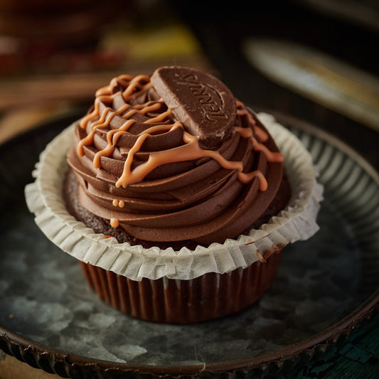 a chocolate orange cupcakewith chocolate ornage forsting and a terry chocolate orange piece 