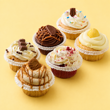 selection of 6 cupcakes including red velvet, kinder, biscoff, chocolate orange, sprinkle and lemon meringue. 