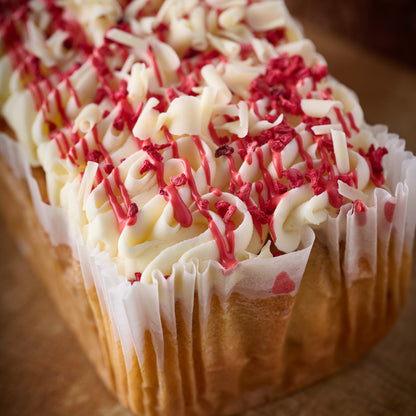 raspberry ripple loaf cake close up