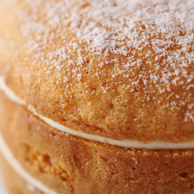 Close-up of a layered cake with a sugary topping
